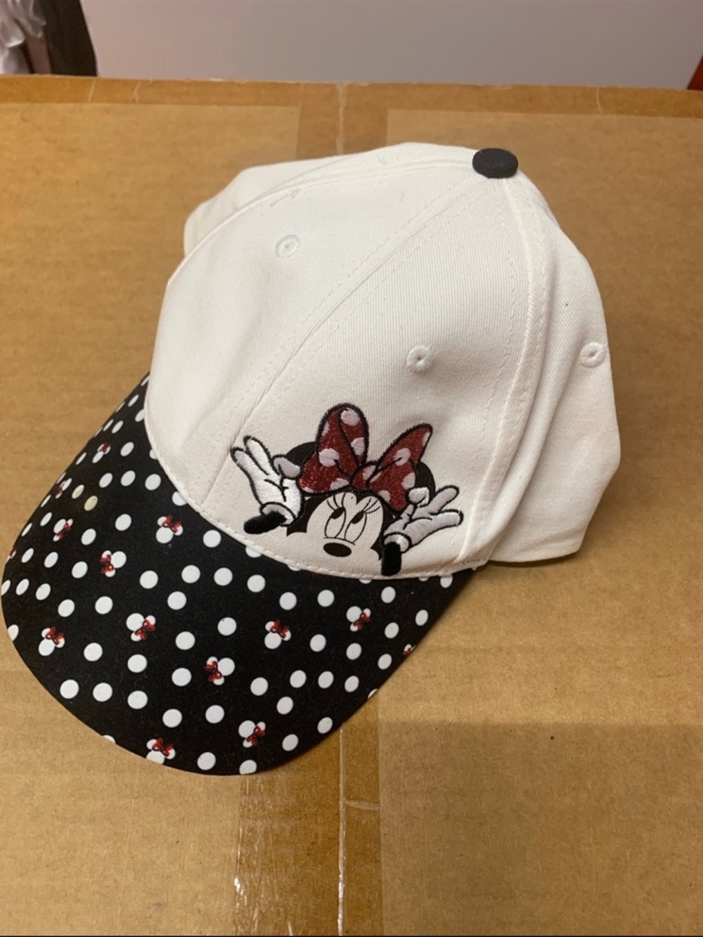 Disney White and Black Minnie Mouse Polka Dot Baseball Cap with Red Bow